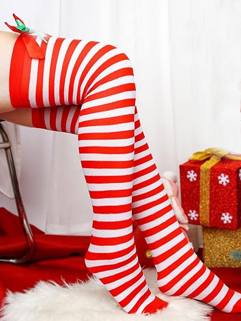 1 Paar Weihnachten Schleifensocken Kugel-Socken Overknee-Strümpfe Weihnachten Gestreifte Strümpfe, Partydekorationsstrümpfe