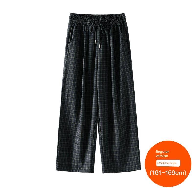 

Plus size women clothing [Yamamoto Plaid Pants] Three Pants Length Summer Chubby Girl High Waist Casual All-matching Retro Wide Leg Pants Gray blue grid (161-169cm) 6XL