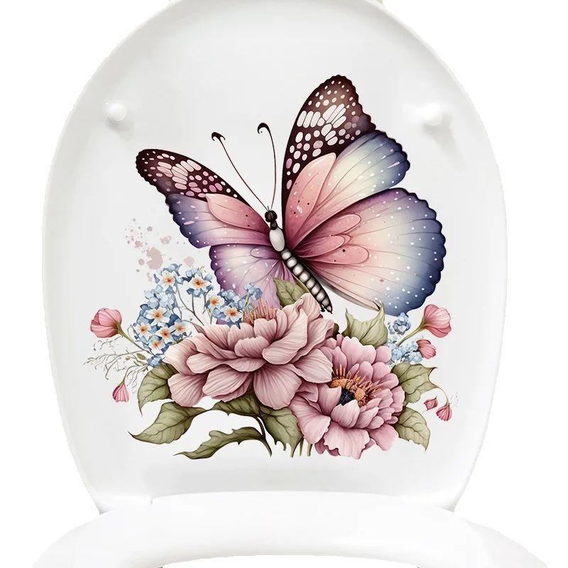 New Painted Pink Beautiful Flower Butterfly Sticker Bathroom Toilet Waterproof Toilet Lid Toilet Sticker