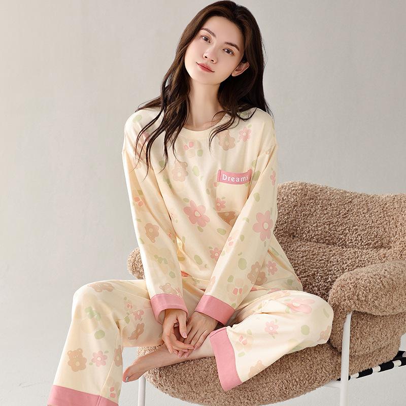 

% Pure cotton long-sleeved trousers pajamas women s sweet Korean version of high-end loose casual women s Korean version of loungewear in stock Female m