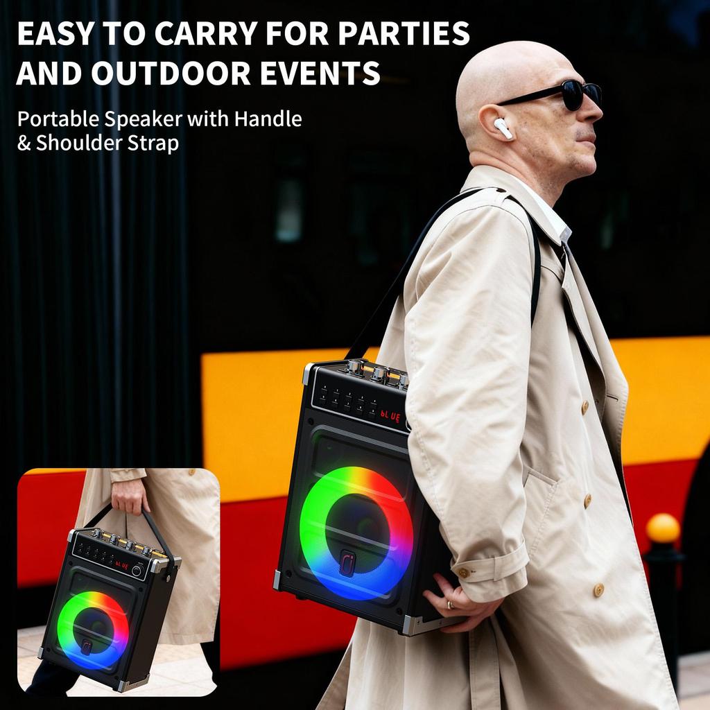 Karaoke Machine, Bluetooth Speaker with Bass/Treble/Echo Adjustment & LED Light, Support USB, SD Card, AUX, TWS, FM, REC