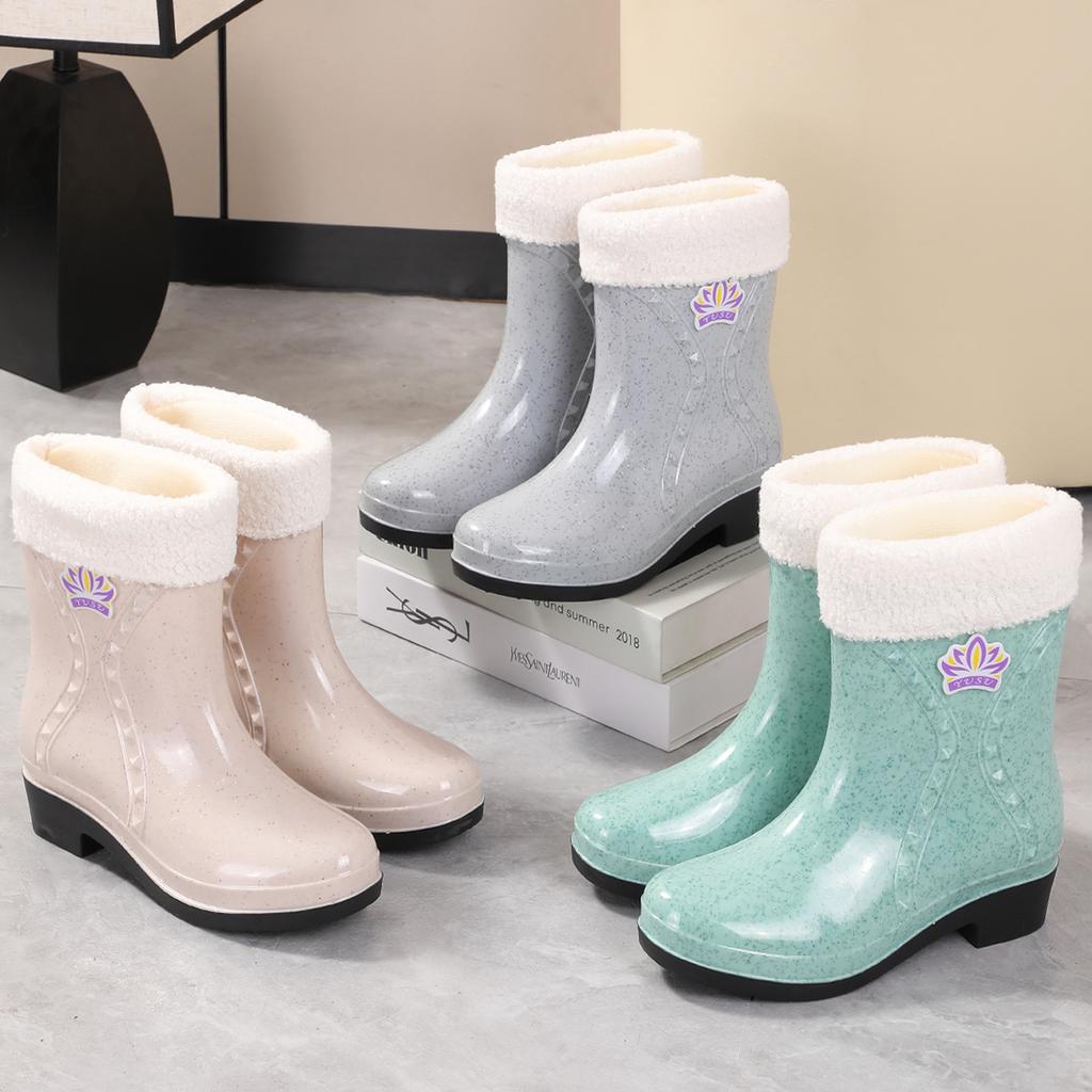 Rain Shoes Women's Medium Tube Half Tube Water Shoes Thickened Bottom Water Boots Rain Boots Female Zhe Xing Velvet Non-slip