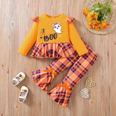 Baby Girls Halloween Pumpkin Embroidery Pullover Neck Long Sleeve Sweatshirt with Elastic Waist Flare Pants Set