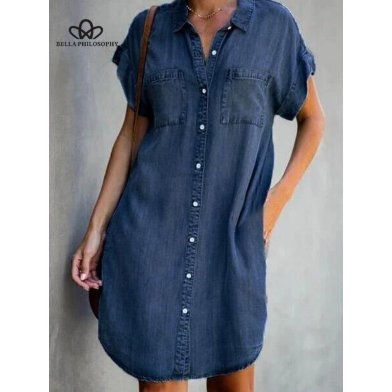 Short Sleeve Slim Fit Denim Dress Mid-Length Women's Dress Fashionable Street Style Casual Style