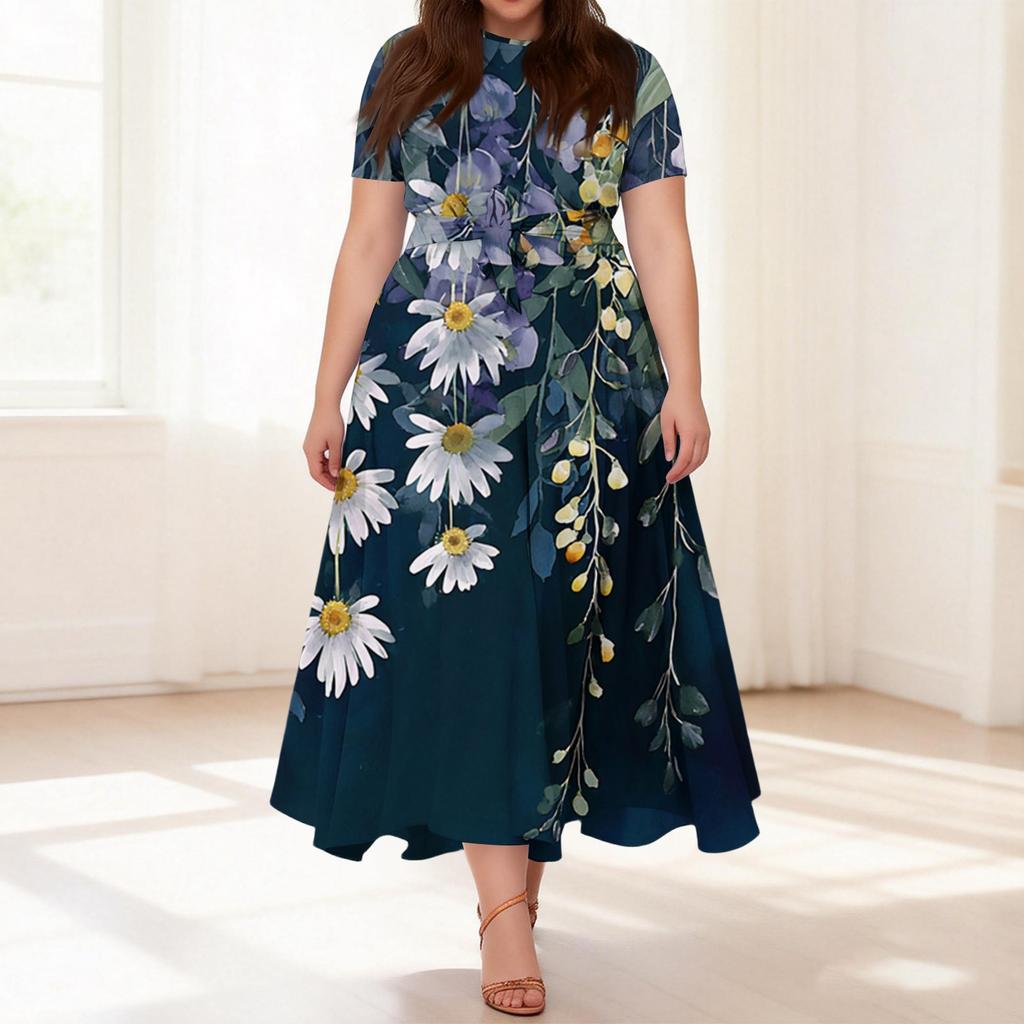 Abito Casual da Donna Taglie Forti Stampa Floreale Retro Girocollo Manica Corta Tasca Cintura Cravatta