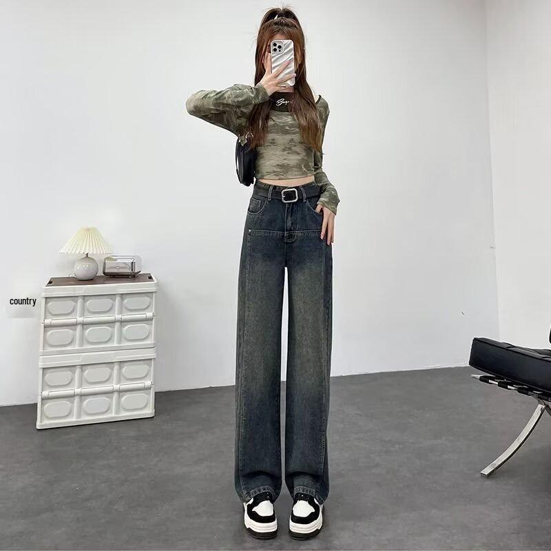 

2024 Ретро Большой Размер Женские Джинсы с Высокой Посадкой и Лоскутной Отделкой - Стройнящие Прямые Штанины для Весны и Осени Small серый