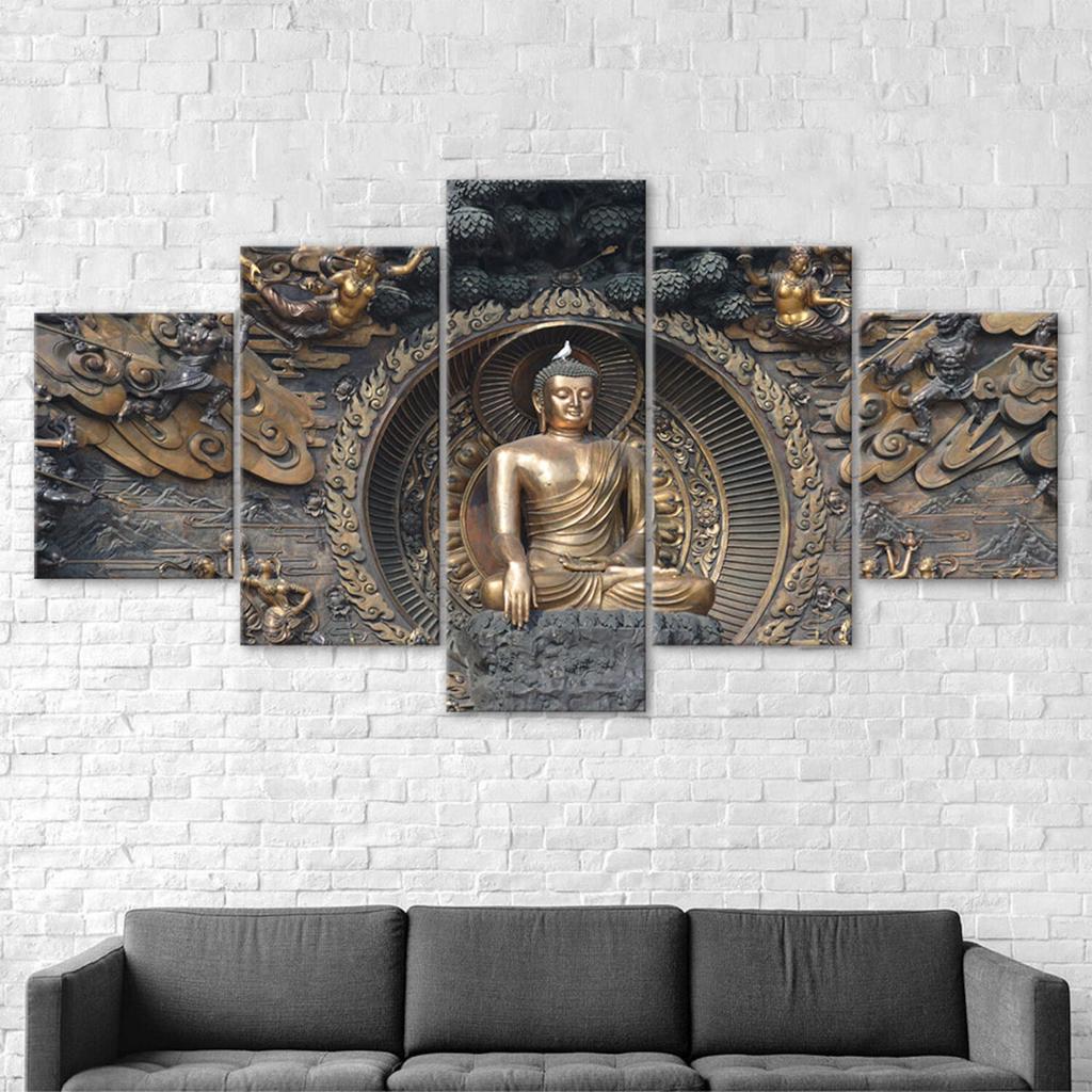 Buddha Statue Sculpture 5 Piece Five Panel Wall Canvas Print Modern Art Poster Picture Home Decor Gift For Him For Her