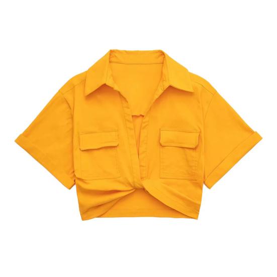 

Женская рубашка с короткими рукавами, облегающая эластичная рубашка с лацканами на груди и короткими карманами с лацканами, универсальная летняя L жёлтый