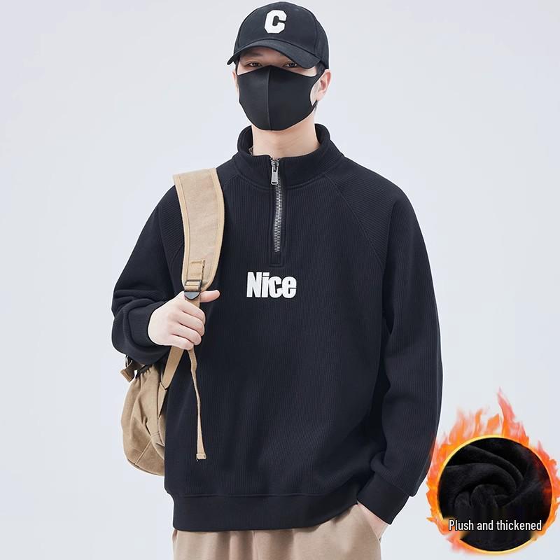 Men's Trendy Thick Half-Zip Hoodie with Stand Collar, Plus Velvet Base Layer for Spring, Autumn, and Winter 2025