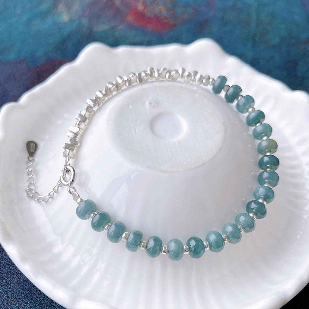 A-Grade Blue Water Jade Bracelet with 925 Silver, Chinese Style, Ice-Clear Abacus Beads, Gift-Ready