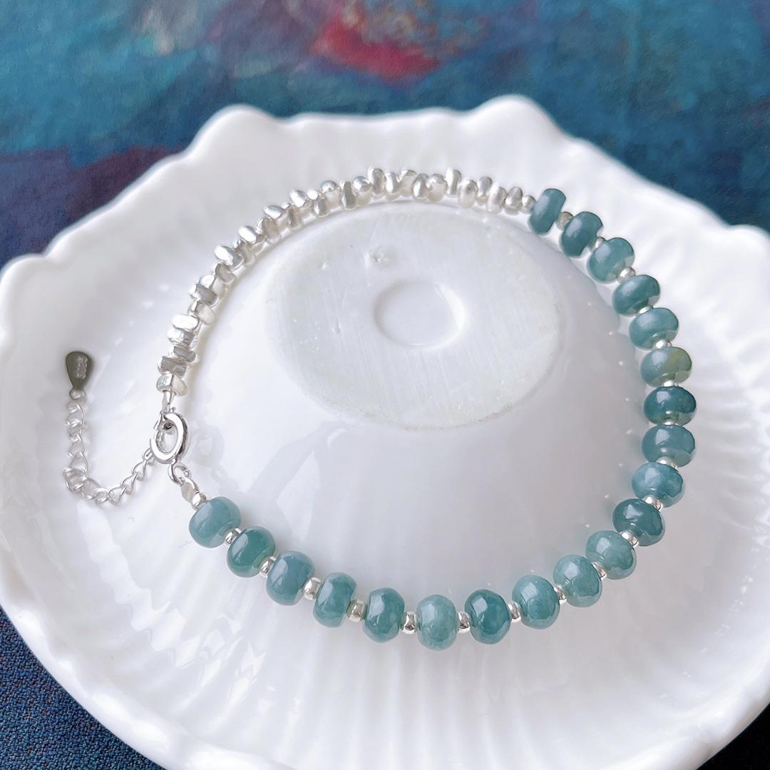 A-Grade Blue Water Jade Bracelet with 925 Silver, Chinese Style, Ice-Clear Abacus Beads, Gift-Ready