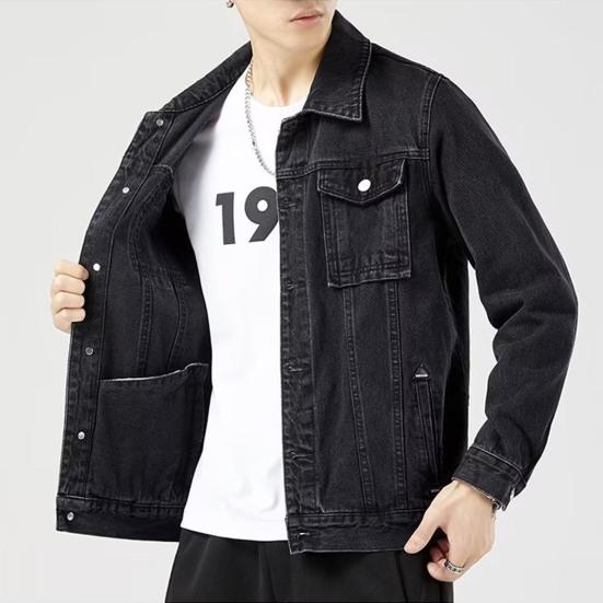 Pánská džínová bunda Klopa Dlouhý rukáv Kapsy s klopou Jednobarevný kabát Zapínání na knoflíky Neformální džínové svrchní oblečení Každodenní nošení