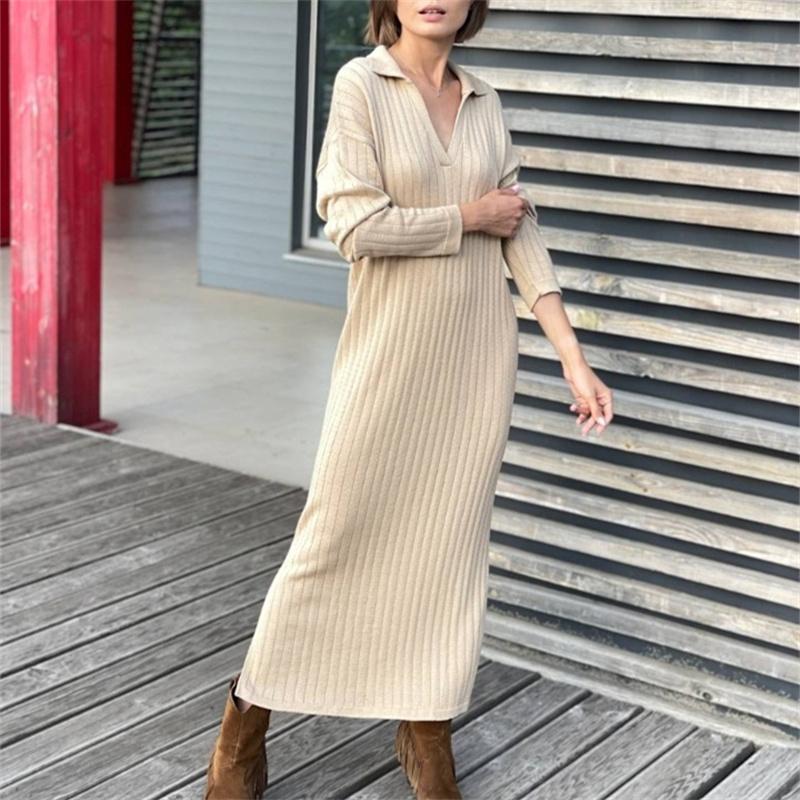 New Pattern Women Autumn Winter Sexy V Neck Long Sleeve Knitted Sweater Dress Long Sleeve Straight Cozy Pullover Slim Dresses
