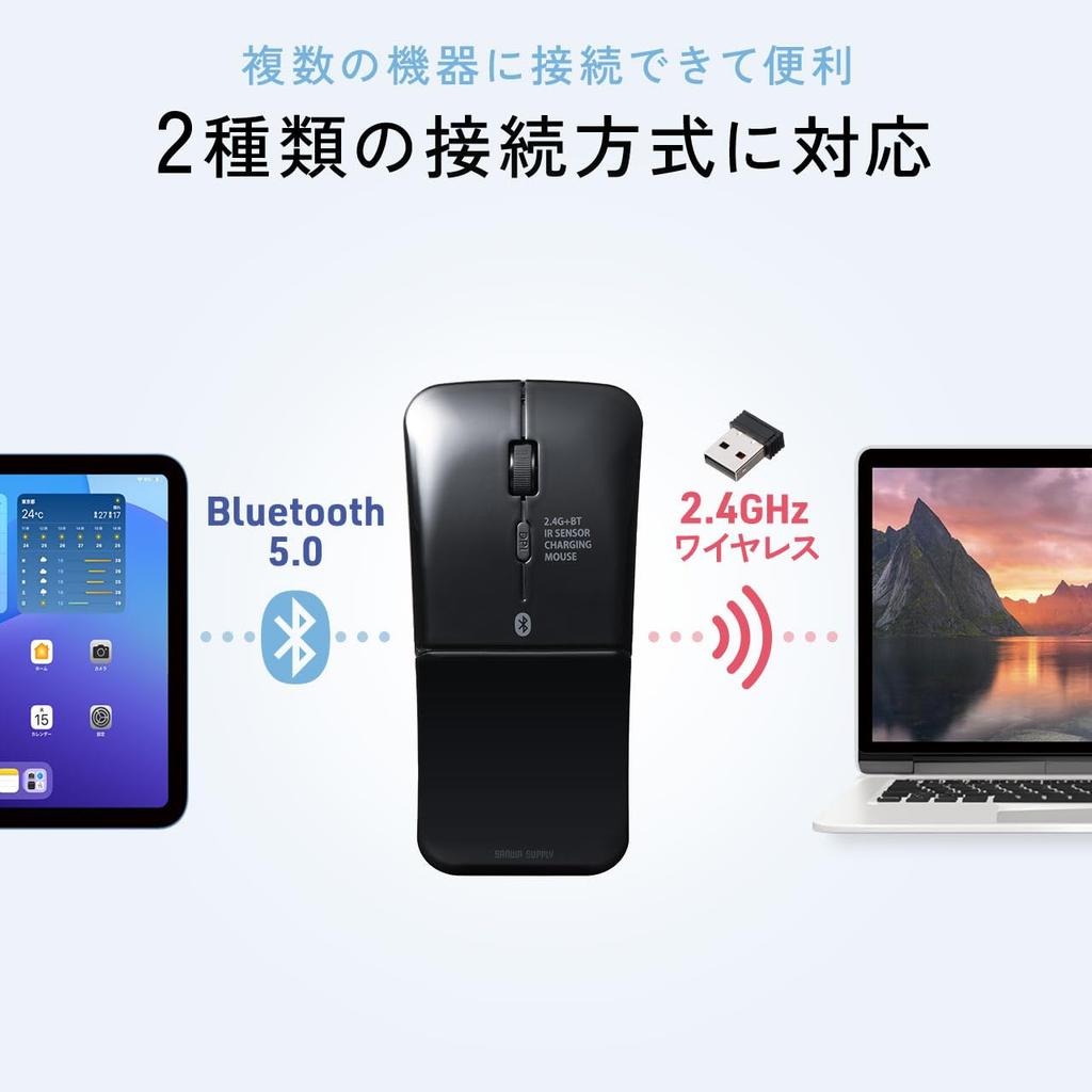 Sanwa Direct Slim Bluetooth 3 Black Mouse, / 2.4GHz, Foldable, Silent, Buttons, USB-C Rechargeable, 400-MAWB121BK