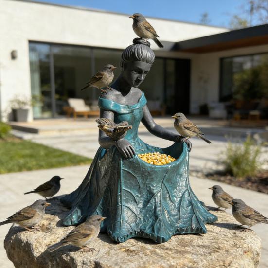 Fairy Garden Statue Bird Feeder And Bird Bath Resin Outdoor Decorative Girl Sculpture for Garden Lawn Patio Yard Decor