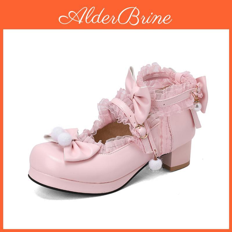 Brand Vangull Women Spring Pumps Plus Size 22265cm Pearl Mesh Bow Ankle Buckle Lolita Shoes Cute Mary Jane Shoes