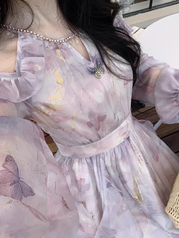 French Off-Shoulder Butterfly Print Long-Sleeve Ruffle Dress for Women - Spring/Summer Collection