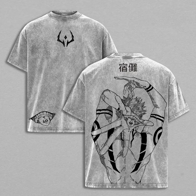 Ryomen Sukuna Print T-shirt Anime Jujutsu Kaisen Clothing Men Short Sleeve Tshirts Retro Washed T Shirt Harajuku Male Cotton Top