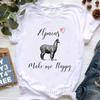 Kawaii Alpaca With Flowers And Coffee Print T Shirt Girls Summer Short Sleeve Tshirt Femme Fashion Tops Tee Shirt Female