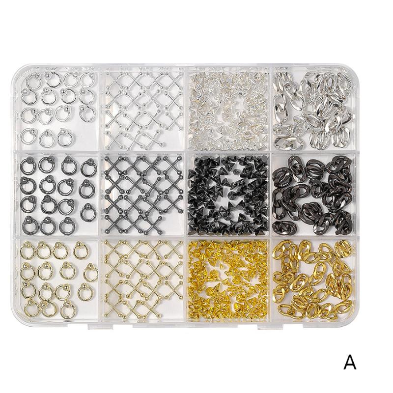 12 Grids Alloy Nail Charms Punk Y2K Metal Parts Manicure Rivet Chain Nail Tip Decoration Retro Circle Nails Supply DIY Crafts