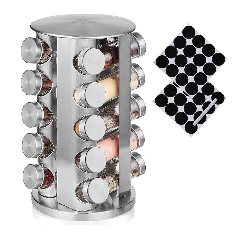 Revolving Spice Rack with 12/16/20 Jars, Rotating Seasoning Organizer with Labels, Stainless Steel Spice Carousel for Kitchen Countertop, Cabinet