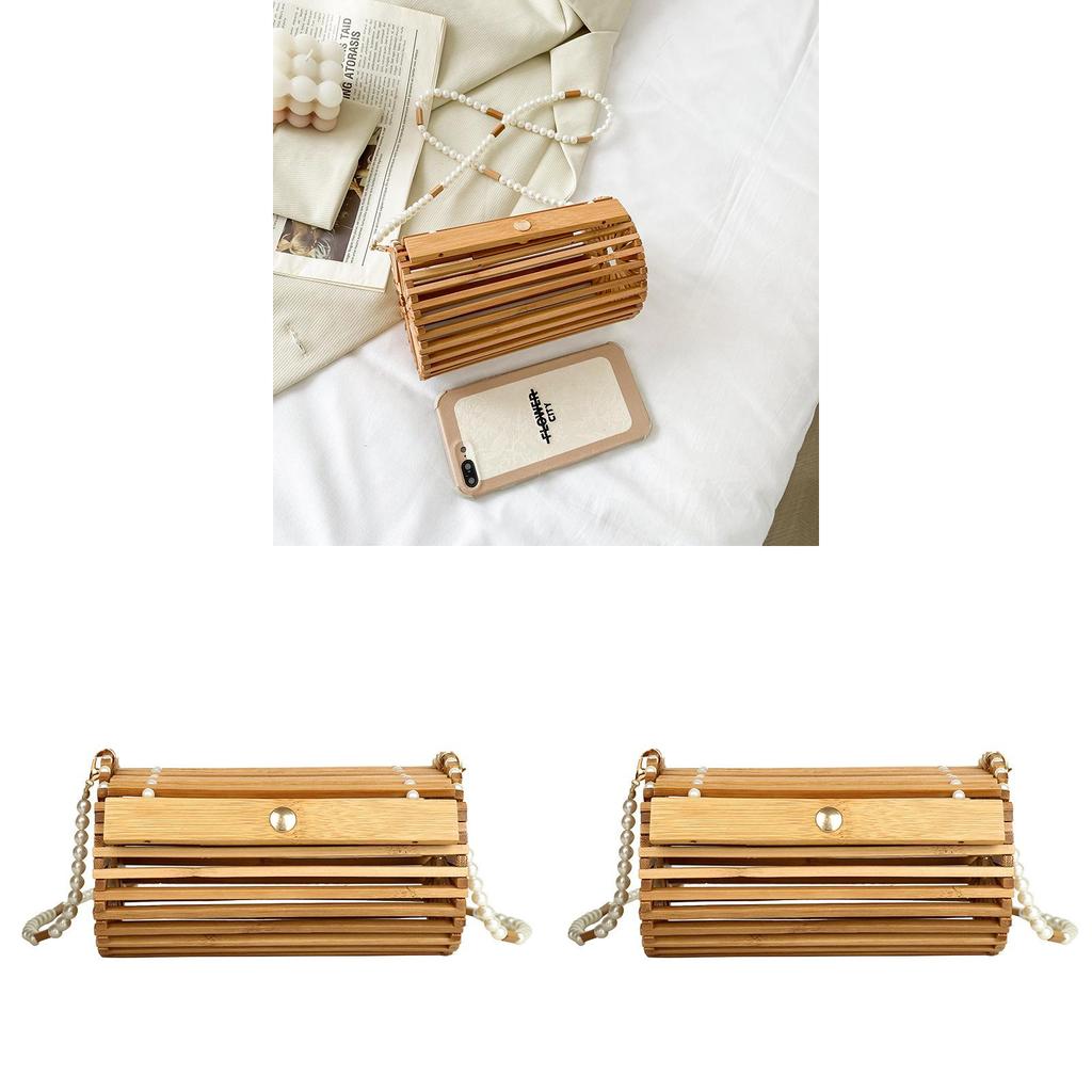 Woven Bamboo Cylinder Bag With Pearl Chain For Daily Casual Women