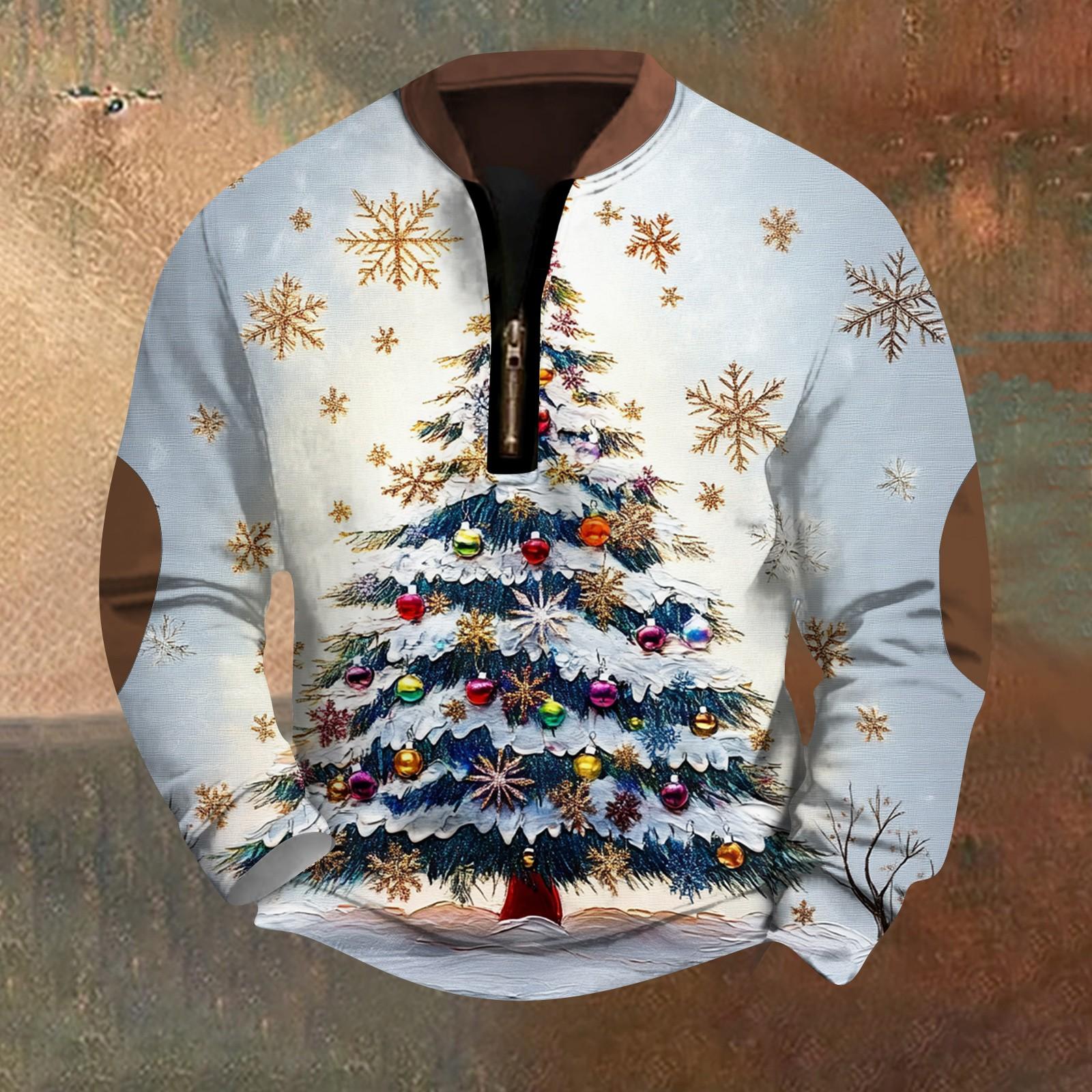 

Мужская модная повседневная свободная толстовка с длинным рукавом и молнией на воротнике с рождественским принтом L бежевый