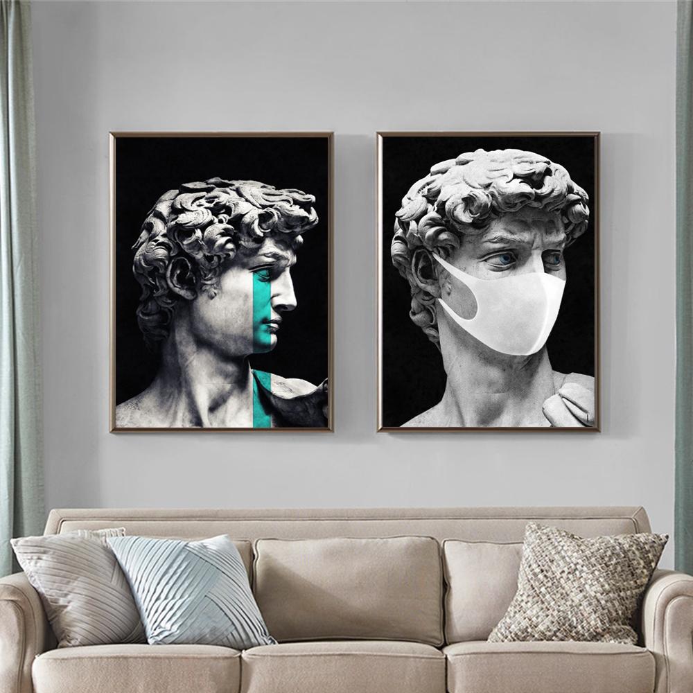 Schwarz-weiße Marmor-Skulptur-Kunstdrucke, Malerei, Maske David, klassische Wand-Leinwand-Poster, Bild für Heimdekoration, ohne Rahmen