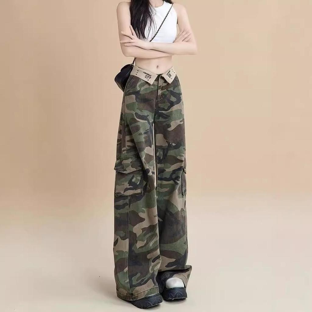 Women's Retro High-Waist Camo Wide-Leg Jeans - Autumn 2024 Loose Cargo Trend