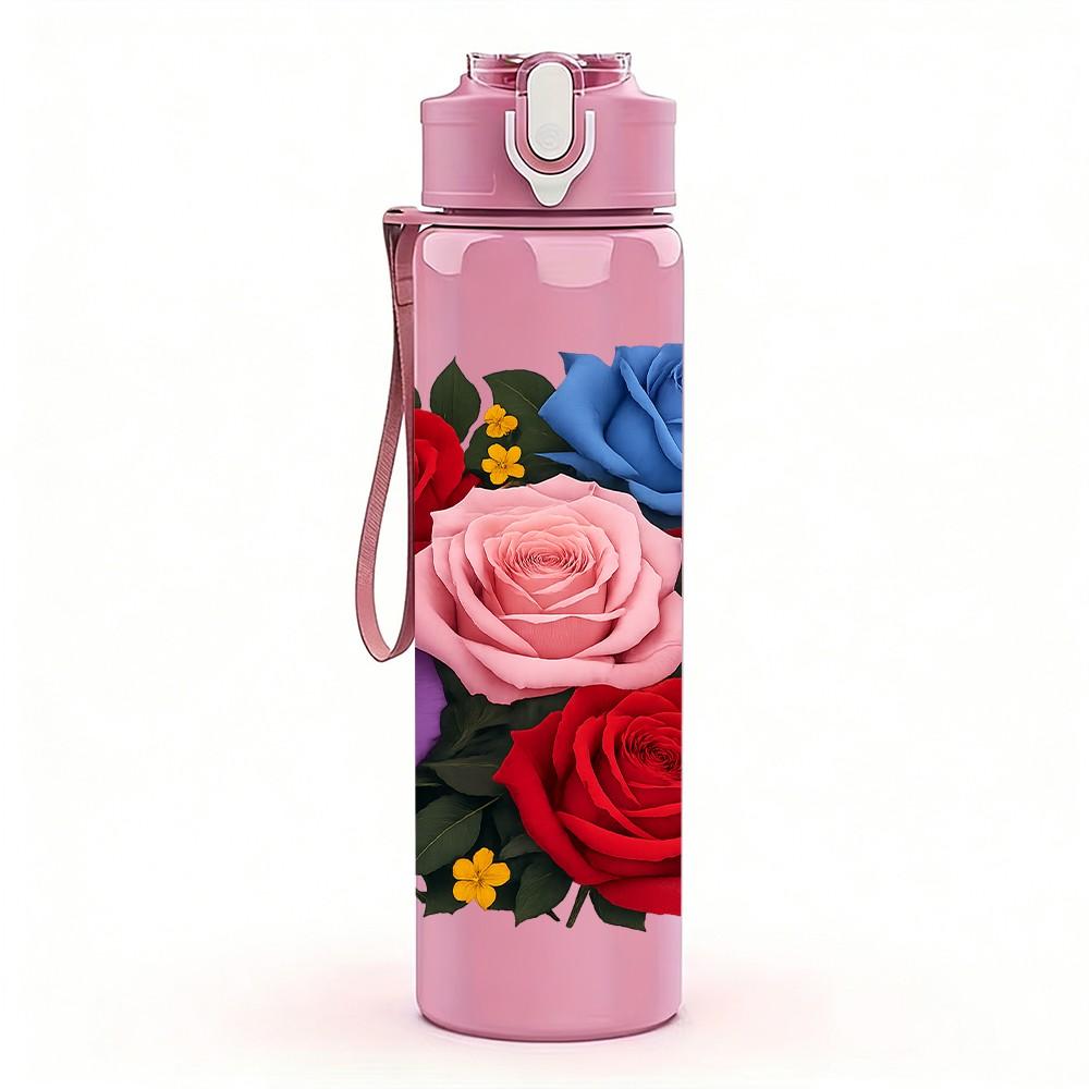 1PC Mixed Rose Flower Bouquet Print 750ml Color Plastic Sports Water Bottle Leakproof Flip Straw Lid Suitable for Sports Office Home Use