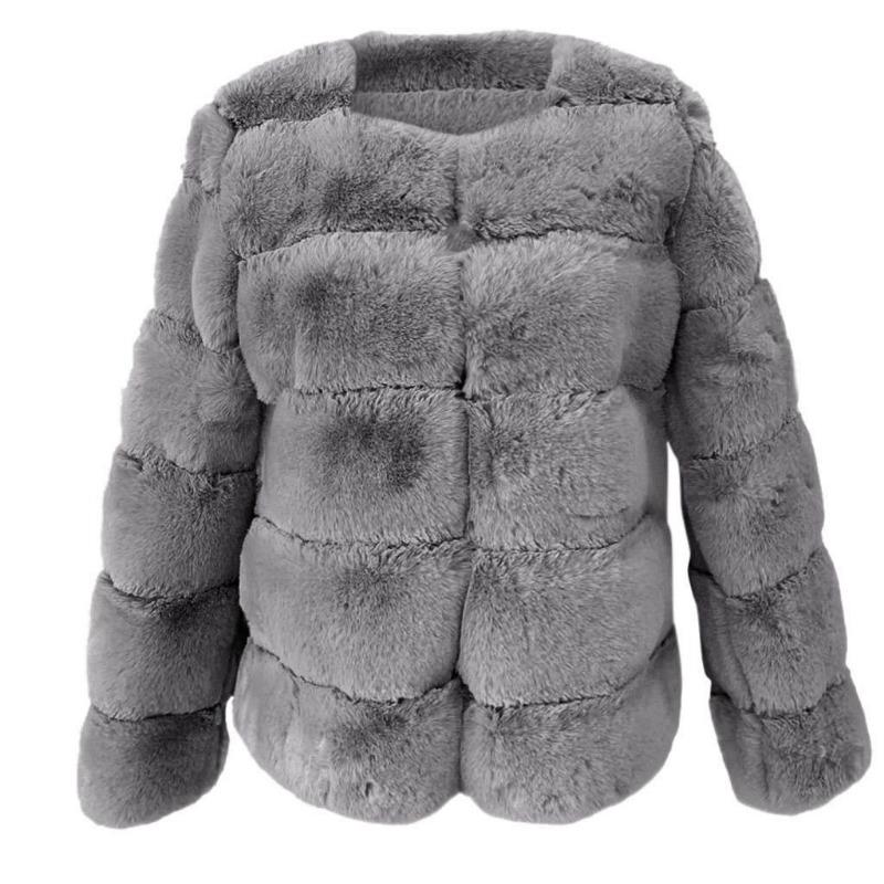 Women's Gray Faux Fur Coat Patchwork Short Warm Winter Outerwear