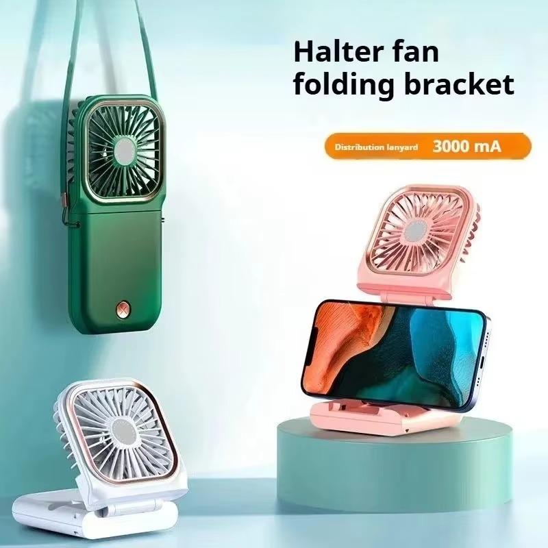 Mini Handheld Fan Folding USB Electric Fan with Phone Bracket Function 3000mAh Power Bank Hanging Neck Fan Home Appliance