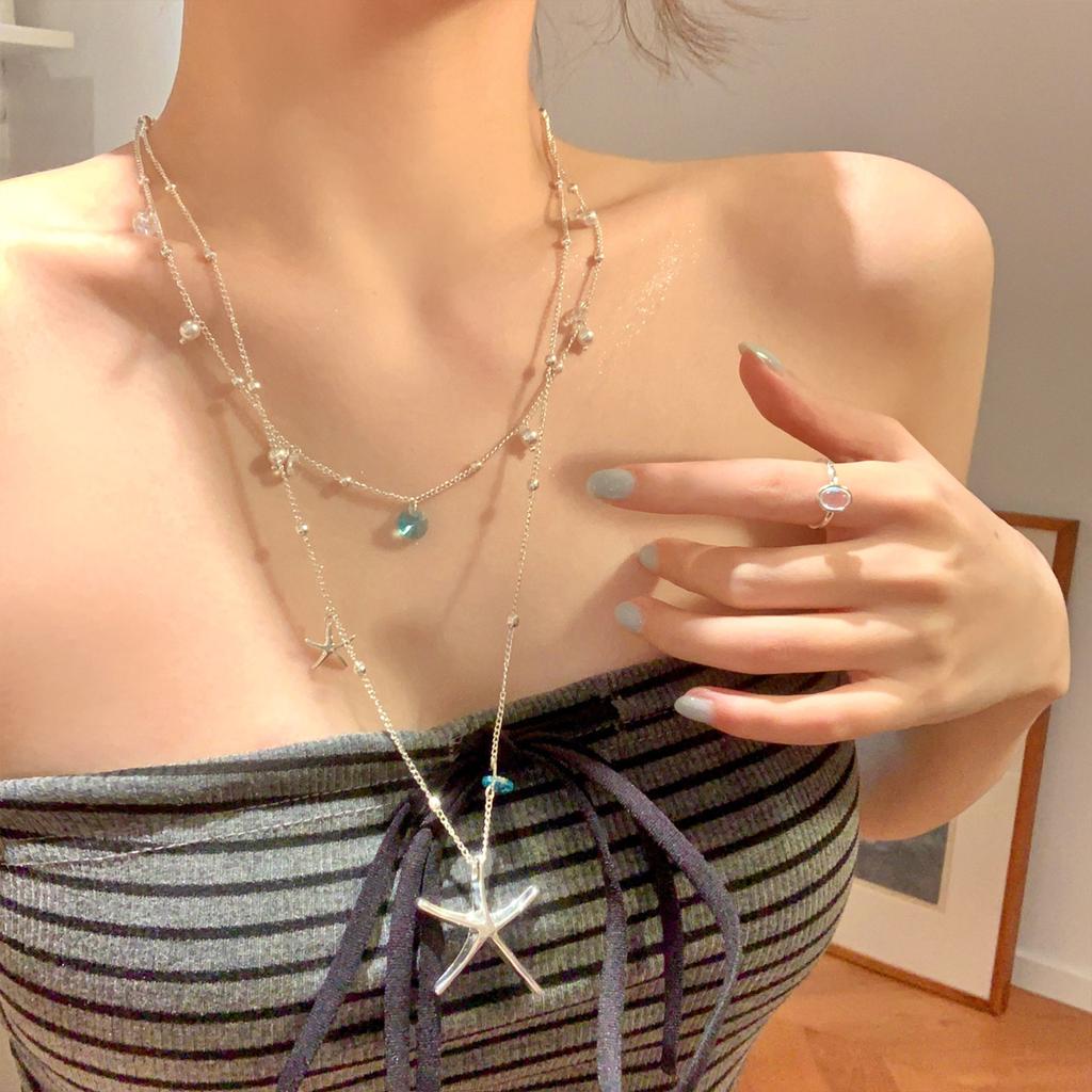 Blue Zircon Starfish Layered Necklace for Women, Summer Seaside Long Clavicle Chain Fashion Beach Jewelry