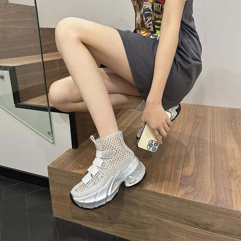 Fashion 7cm Air Mesh Denim 2024 Synthetic Breathable Ankle Boots Summer Hollow Ziper Boots Woman Fashion Shoes Comfortable Sandals