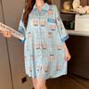 Summer Stain Nightdress for Women Short Sleeve Cute Cartoon Nightgowns & Sleepshirts Women Blue Sleepwear Shirt Buttons Outwear Pjs Loose Homewear
