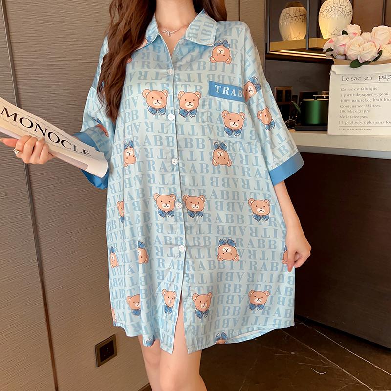 Summer Stain Nightdress for Women Short Sleeve Cute Cartoon Nightgowns & Sleepshirts Women Blue Sleepwear Shirt Buttons Outwear Pjs Loose Homewear
