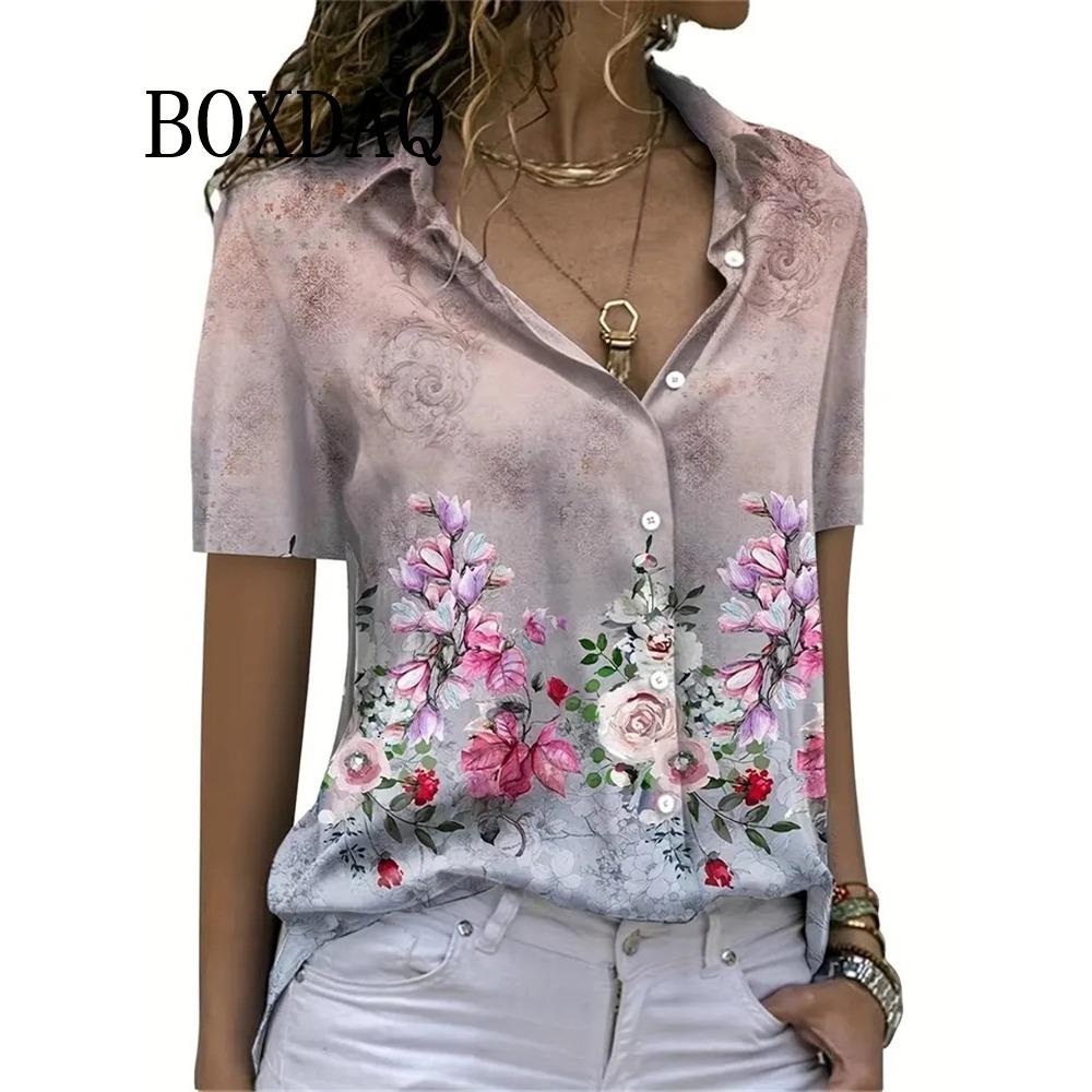 Summer Chic Women's Lapel Short-Sleeved Loose Shirts Spring Single-Breasted Tops Casual Flower Printed Blouses Women's Clothing