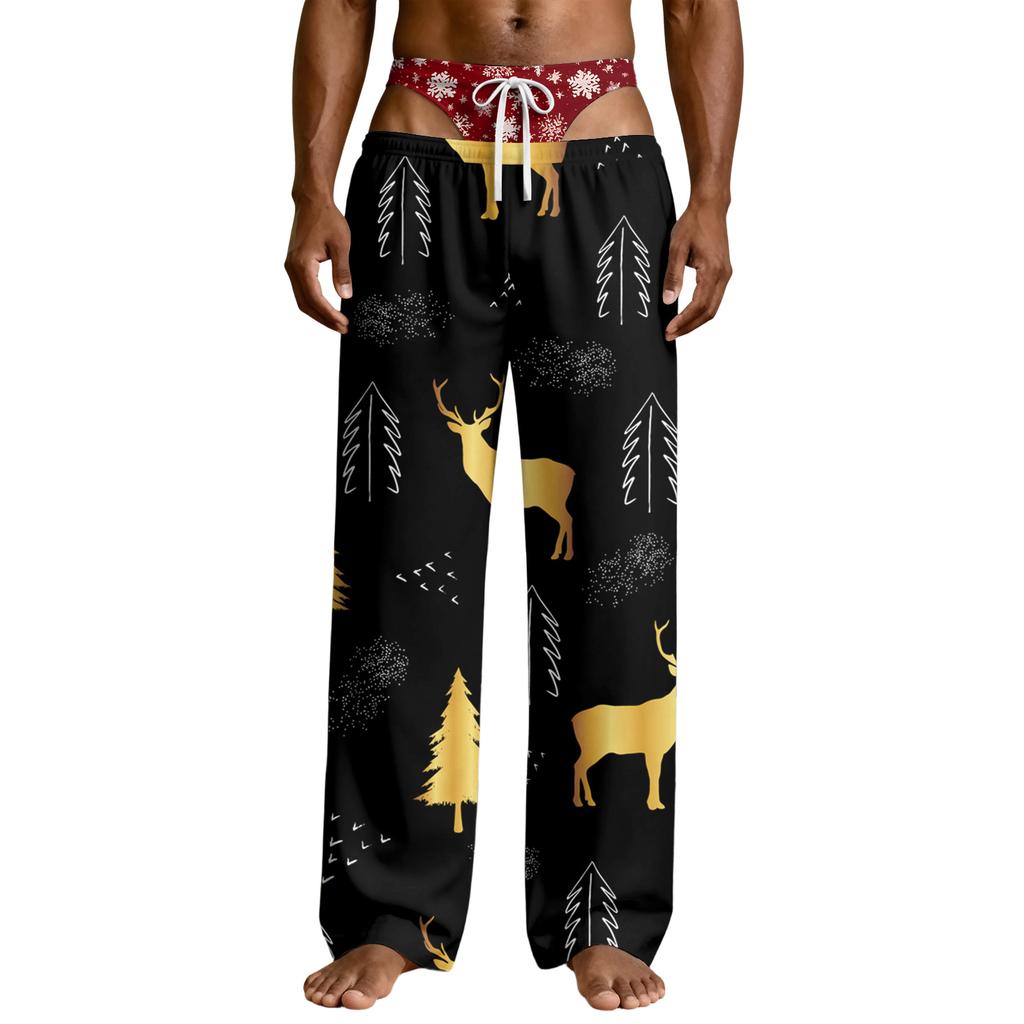 Men's Funny Novelty Pajama Pants with Fake Underwear Print - Halloween Sleepwear