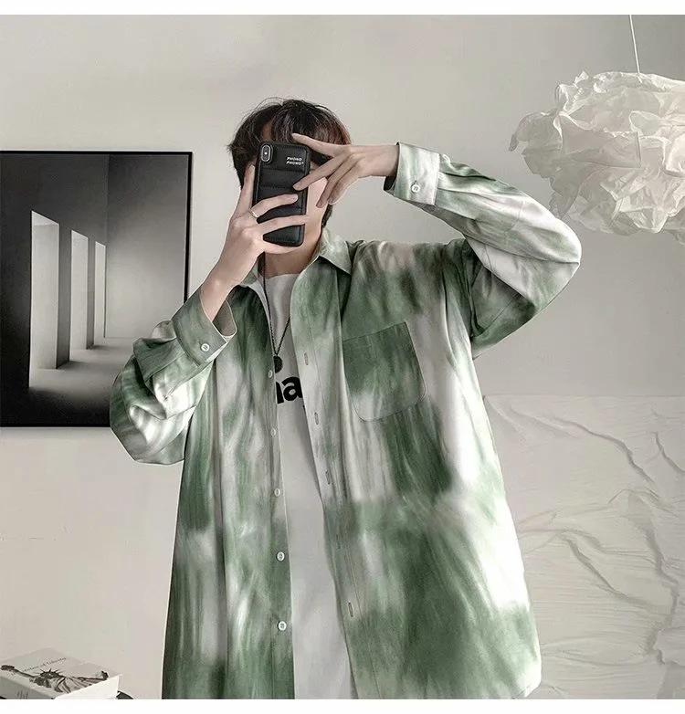 Men's Tie-Dye Long-Sleeve Floral Shirt - Trendy Hong Kong Style, Loose Fit, Casual Punk Fashion for Autumn