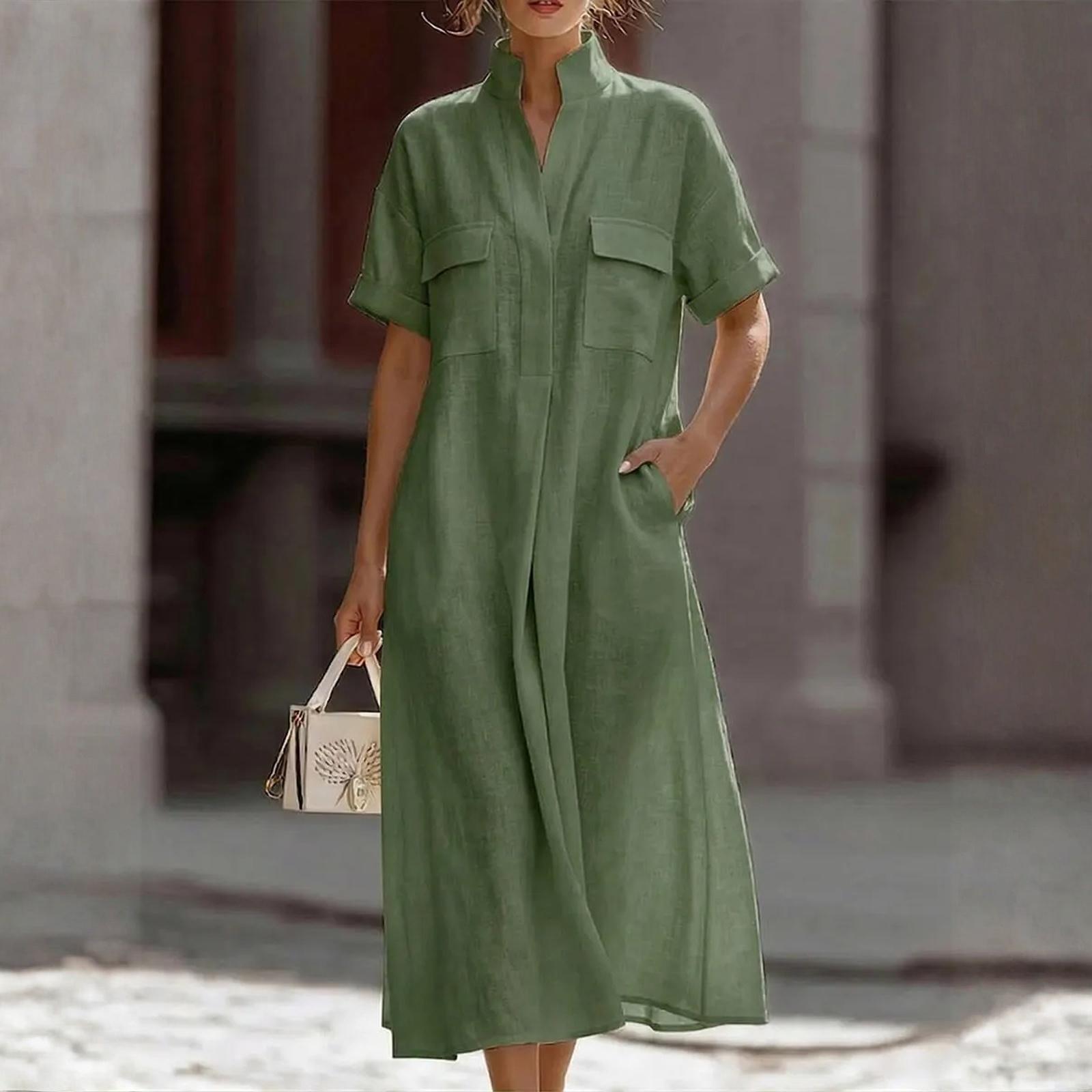 Women s Casual Short-Sleeved Multi-Colored Pocket Loose Casual Dress L