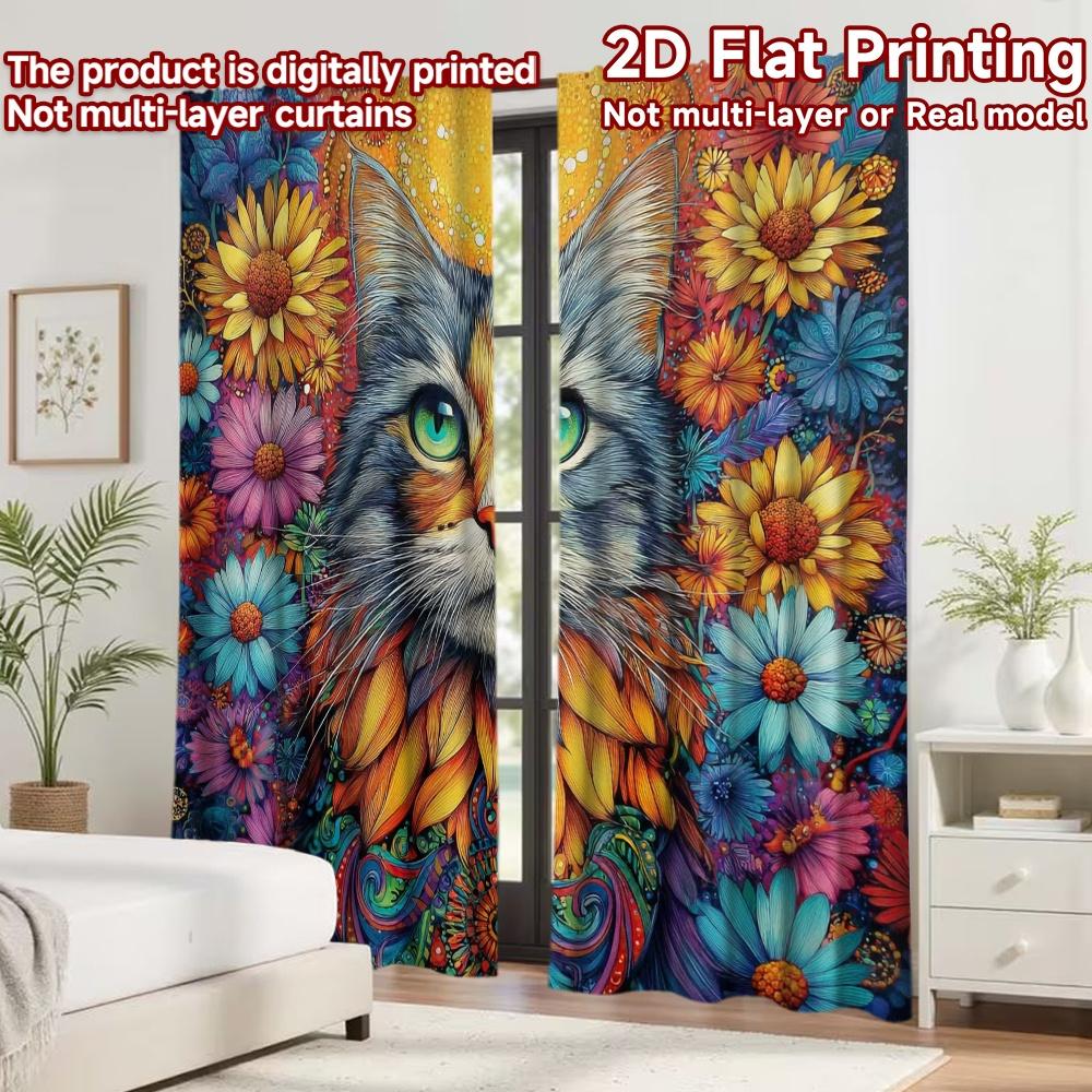 2D flat printing 2pcs Curtain Party Curtains Spring Cat with Flowers Digital Printed Polyester Drapes Family Party Decoration