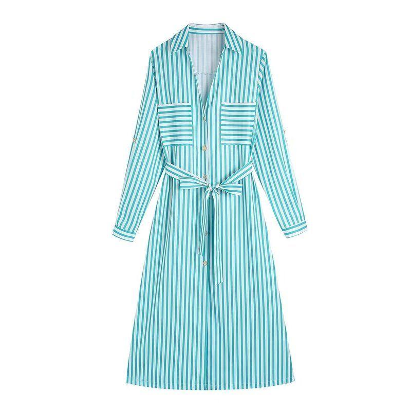 Fashion Style Women's Clothing 2024 Summer New Arrival Long Sleeves Waist-Controlled Lace-up Stripes Shirt Style Dress Mid Length Long Length