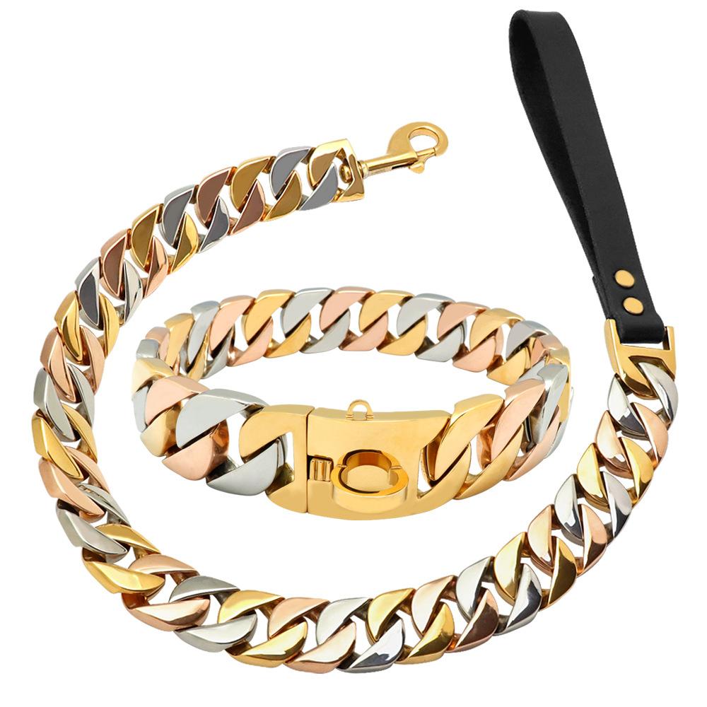 32Mm Stainless Steel Gold Black Leash Dog Chain Titanium Steel Leash Bully Bulldog