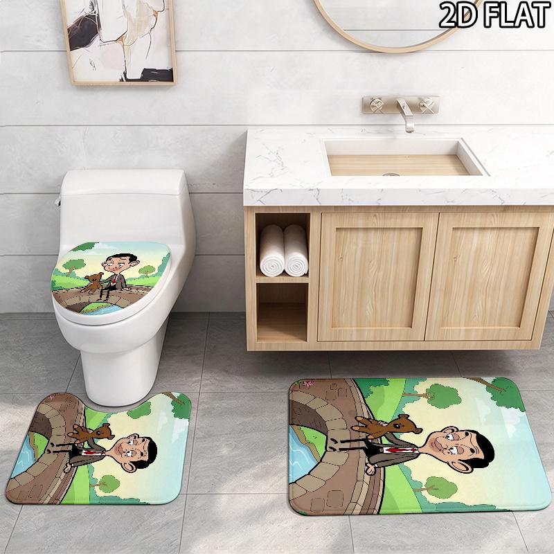 3pcs Mr. Bean Pattern Flannel Nonslip Absorbent Washable Decorative Bathroom Home Toilet Seat Cover Mat
