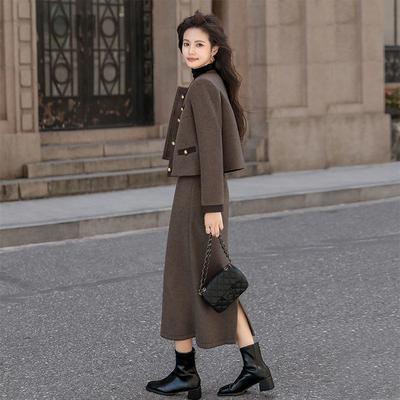 New Wool Short Jacket for Autumn and Winter Two-piece Women's Mid-length Skirt Suit