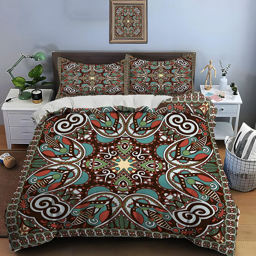 Intricate Symmetric Ethnic Pattern Duvet Cover Set Digital Print Colorful Polyester Bedding with Zipper Closur for Kids Gifts
