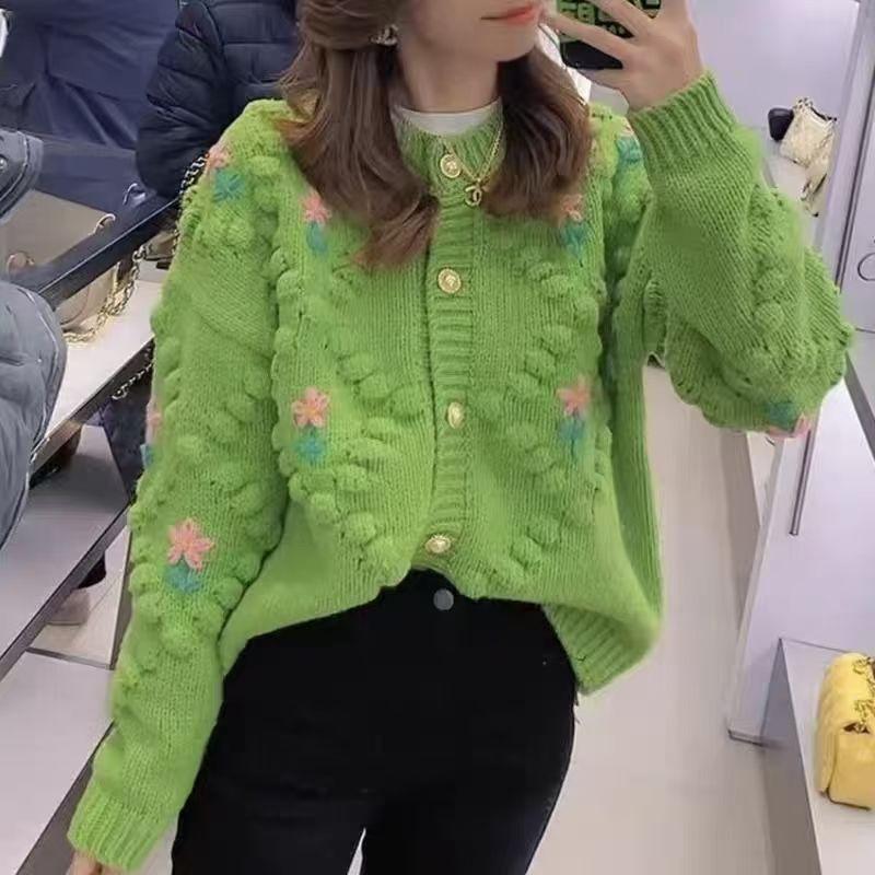 

Женский вязаный кардиган с цветочным узором, круглым вырезом, застежкой на пуговицы с бусинами, милый свитер, осенний свободный женский топ с длинным рукавом, новая мода XL зелёный