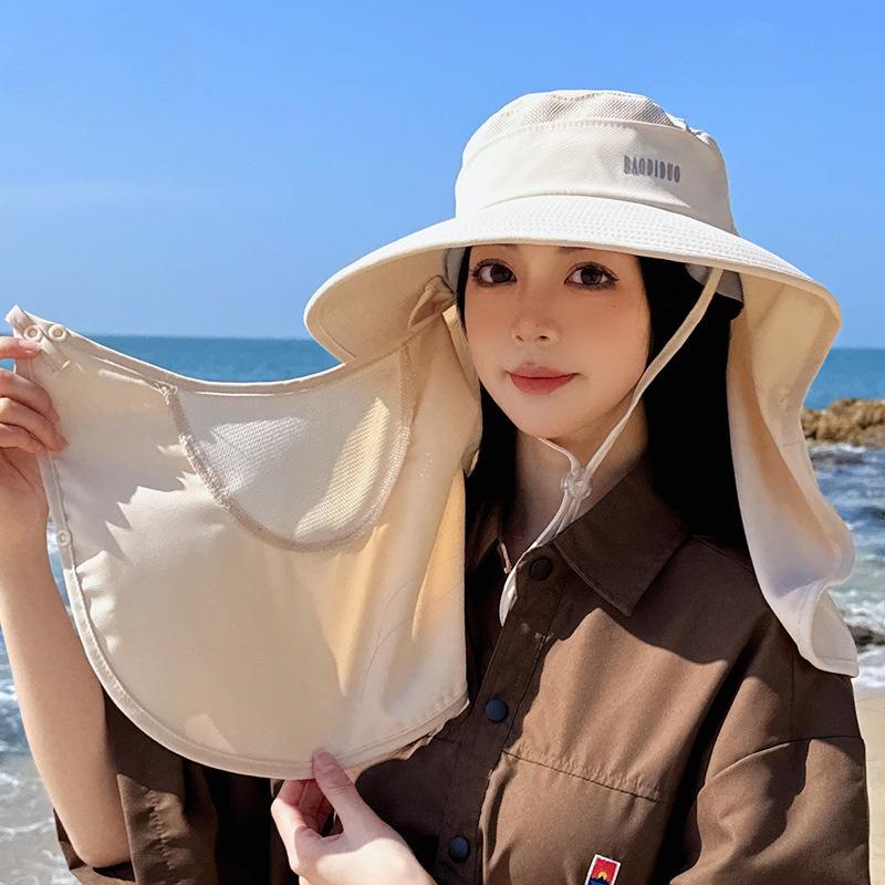 Spring/Summer Fashionable Korean Style Sun Protection Hat, Wide-brimmed Shawl, Face-covering Fisherman Hat with Ponytail Hole for Sun Protection