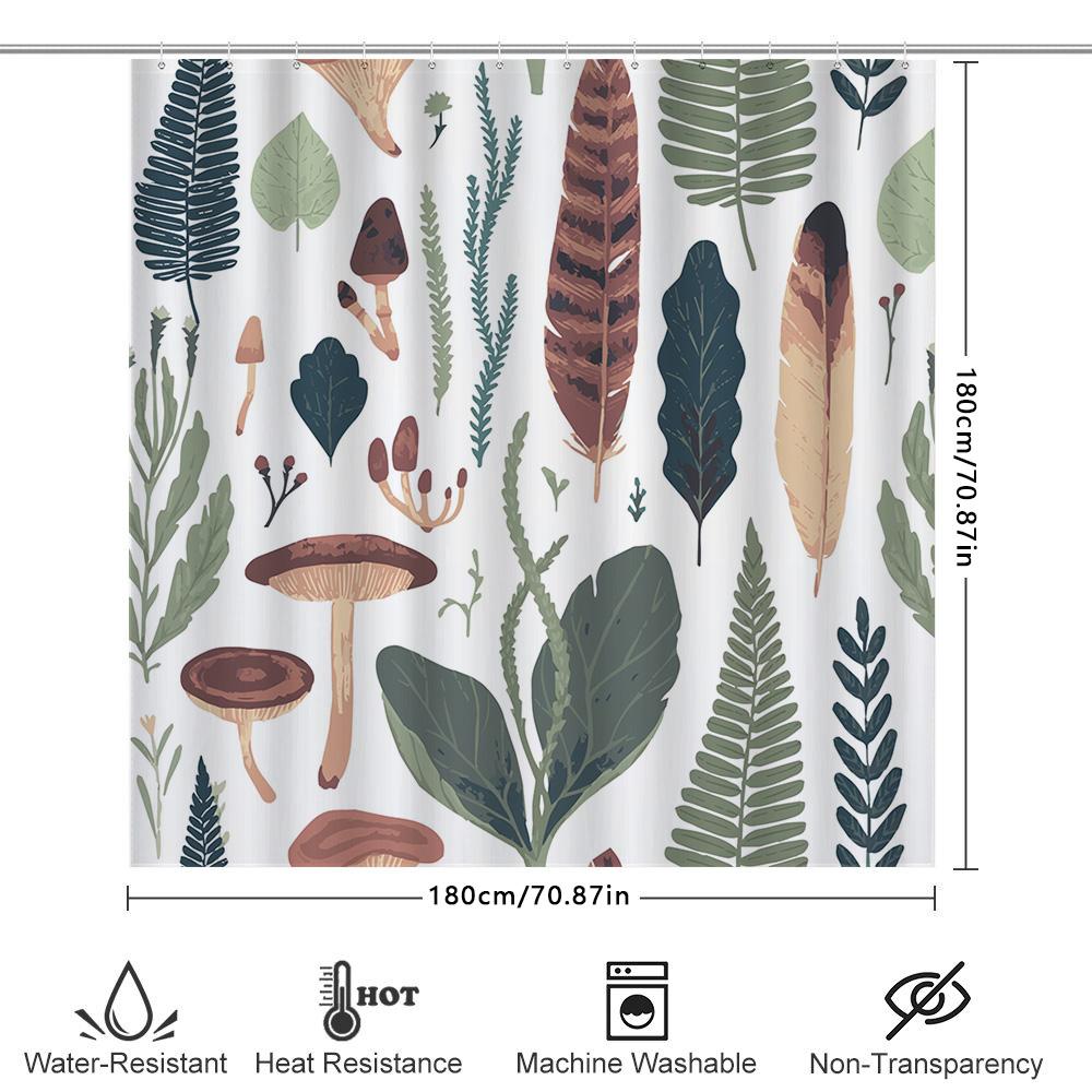 Vintage-Inspired Bath Curtains Featuring A Charming Forest Theme With Leaves, Mushrooms, Ferns, Feathers Perfect For Creating A