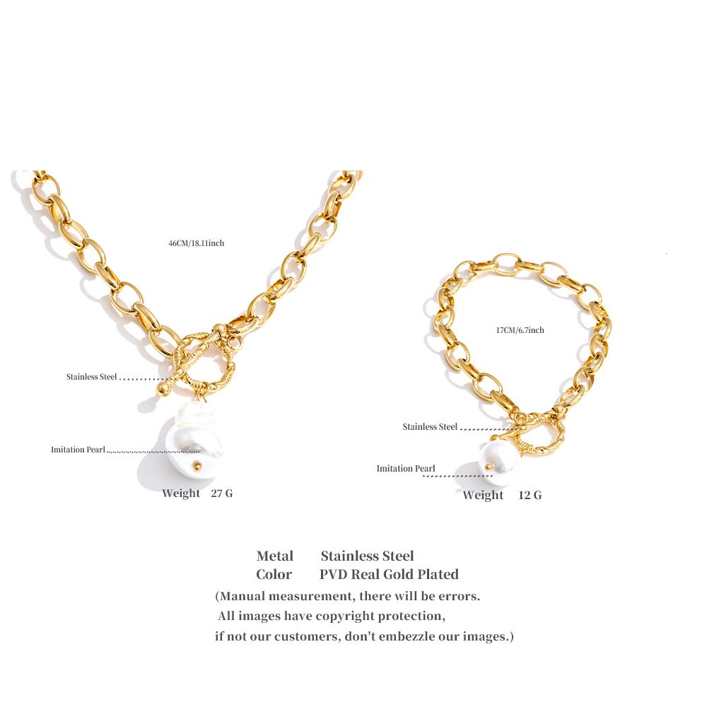 Yhpup Stainless Steel Baroque Imitation Pearls Pendant Necklace Bracelet Bangle Toggle-Clasps Fashion High Quality Chain Jewelry